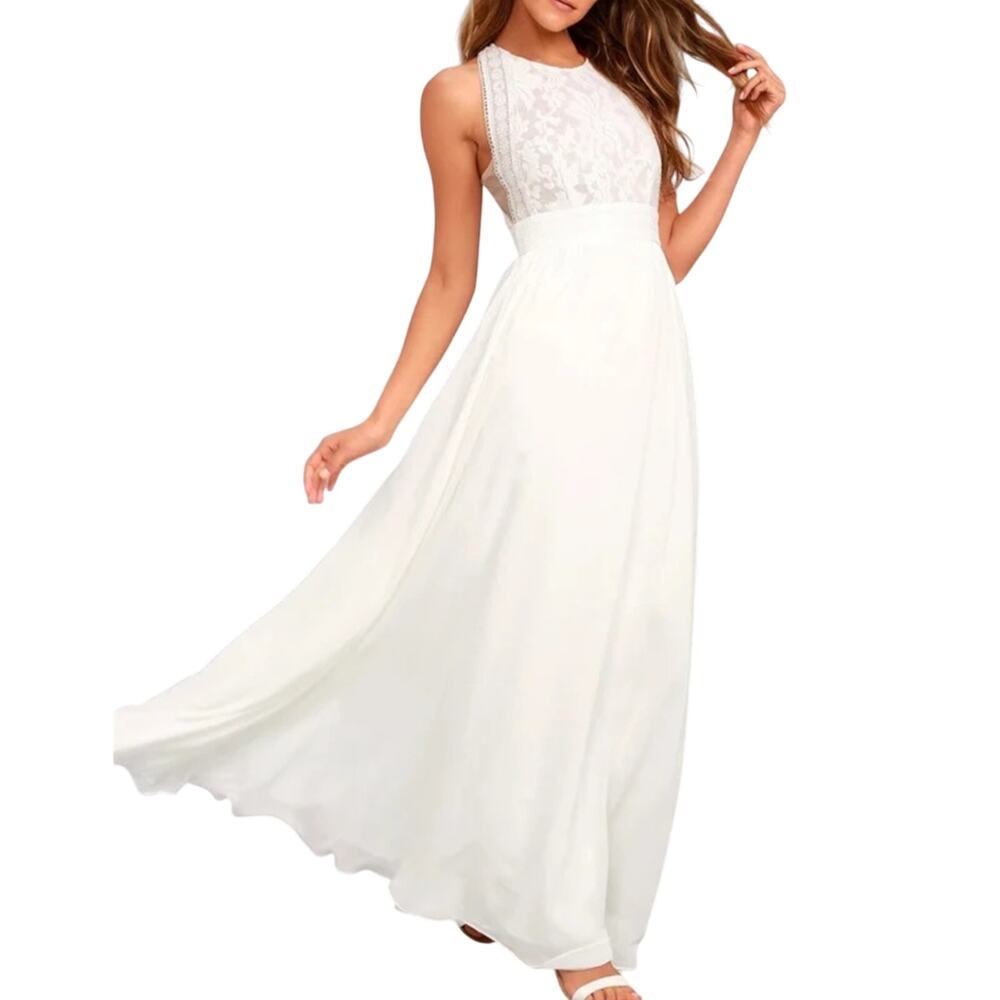 Lulu’s Forever & Always White Lace Maxi Dress Sz XS NWT Bridesmaid Formal